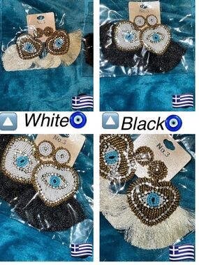LRG EXQUISITE HEART Beaded Crystal GREEK Evil Eye Fringe Earrings Cream & Black